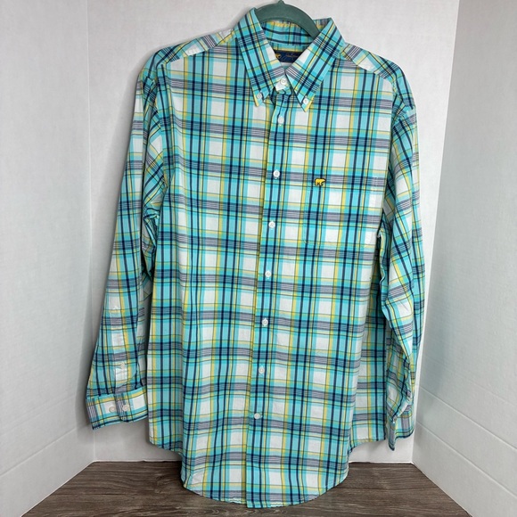 Jack Nicklaus Men's Medium Blue Yellow Plaid Long Sleeve Button Shirt Preppy - Picture 1 of 7